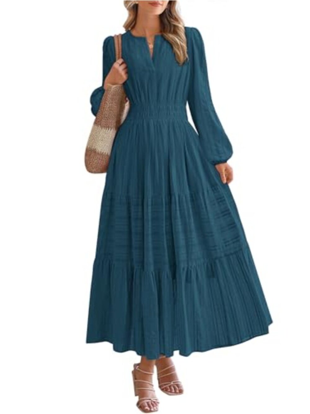 Women's V-Neck Long Sleeve Pleated Maxi Dress with Pockets